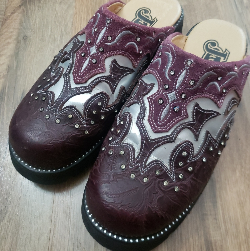 Justin boots purple and silver slide mules size 6.5